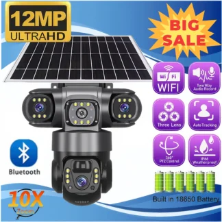 Cámara de seguridad Solar WIFI HD de 12MP con 3 pantallas de lente 3 V380 Pro Zoom 10X visión nocturna exterior impermeable PIR detección humana CCTV