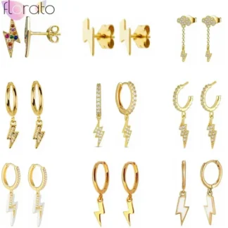 Pendientes de aro con colgante de relámpago dorado y aguja de Plata de Ley 925 para mujer, pendientes INS de cristal pavimentados ligeros de lujo, joyería de moda