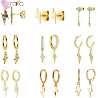 Pendientes de aro con colgante de relámpago dorado y aguja de Plata de Ley 925 para mujer, pendientes INS de cristal pavimentados ligeros de lujo, joyería de moda