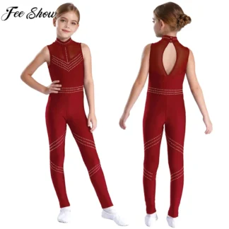 Mono de gimnasia para patinaje artístico para niños y niñas, leotardo de malla sin mangas con diamantes de imitación, danza de Ballet, acrobacias, Ropa de baile para Yoga