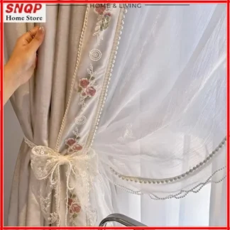 Cortinas de lujo personalizadas con bordado de perlas, color crema romántica francesa, Vintage, para sala de estar, dormitorio, comedor, tul blanco opaco