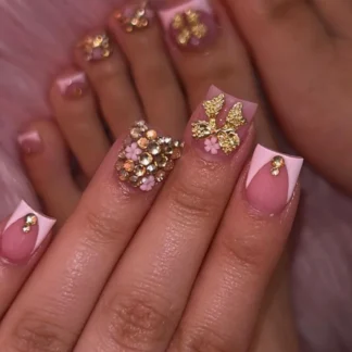 24 Uds. De uñas postizas francesas con cabeza cuadrada corta, diseño de lazo de flores con diamantes de imitación, uñas postizas desmontables de cobertura completa, puntas artísticas
