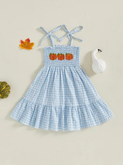 Vestido sin mangas con lazo para niñas, vestido a cuadros de calabaza bordado, vestido acampanado de verano, disfraz de Halloween