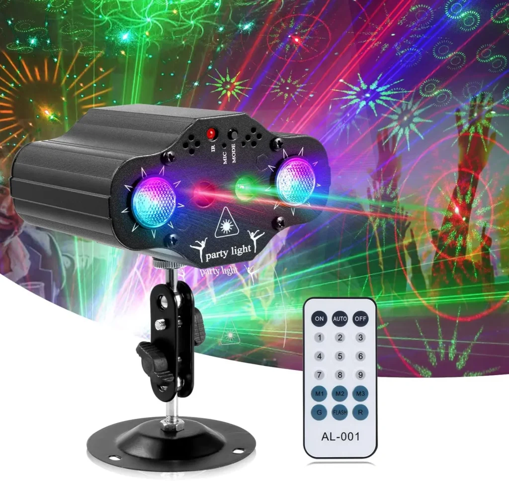 Luces de fiesta Luces de discoteca para DJ, proyector de luz de escenario 2 LED RGB Múltiples patrones Iluminación estroboscópica de flash activada por sonido con control remoto