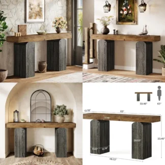 Mesa de entrada de 63" de largo, mesa consola de granja con 2 patas de pedestal arqueadas, consola de sofá de madera detrás del sofá para entrada