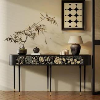 Mesa de entrada Medieval con borde de madera maciza, algunas salas de estar contra la pared, mesa de exhibición semicircular, mueble de mesa de entrada