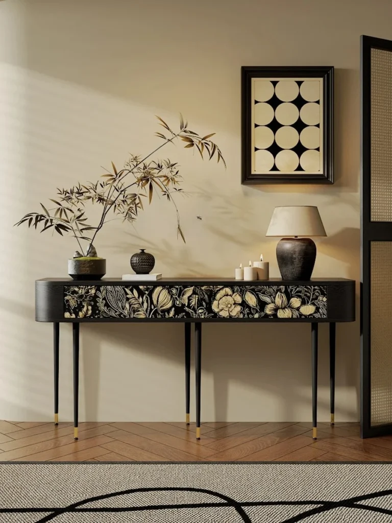Mesa de entrada Medieval con borde de madera maciza, algunas salas de estar contra la pared, mesa de exhibición semicircular, mueble de mesa de entrada