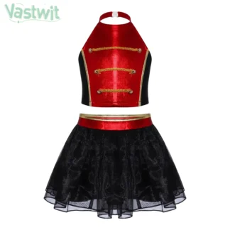 Disfraz de maestro de ceremonias de circo para chicas adolescentes, traje de Cosplay de Showman mágico de Carnaval de Halloween, Top corto de baile de Jazz con falda de leotardo de malla
