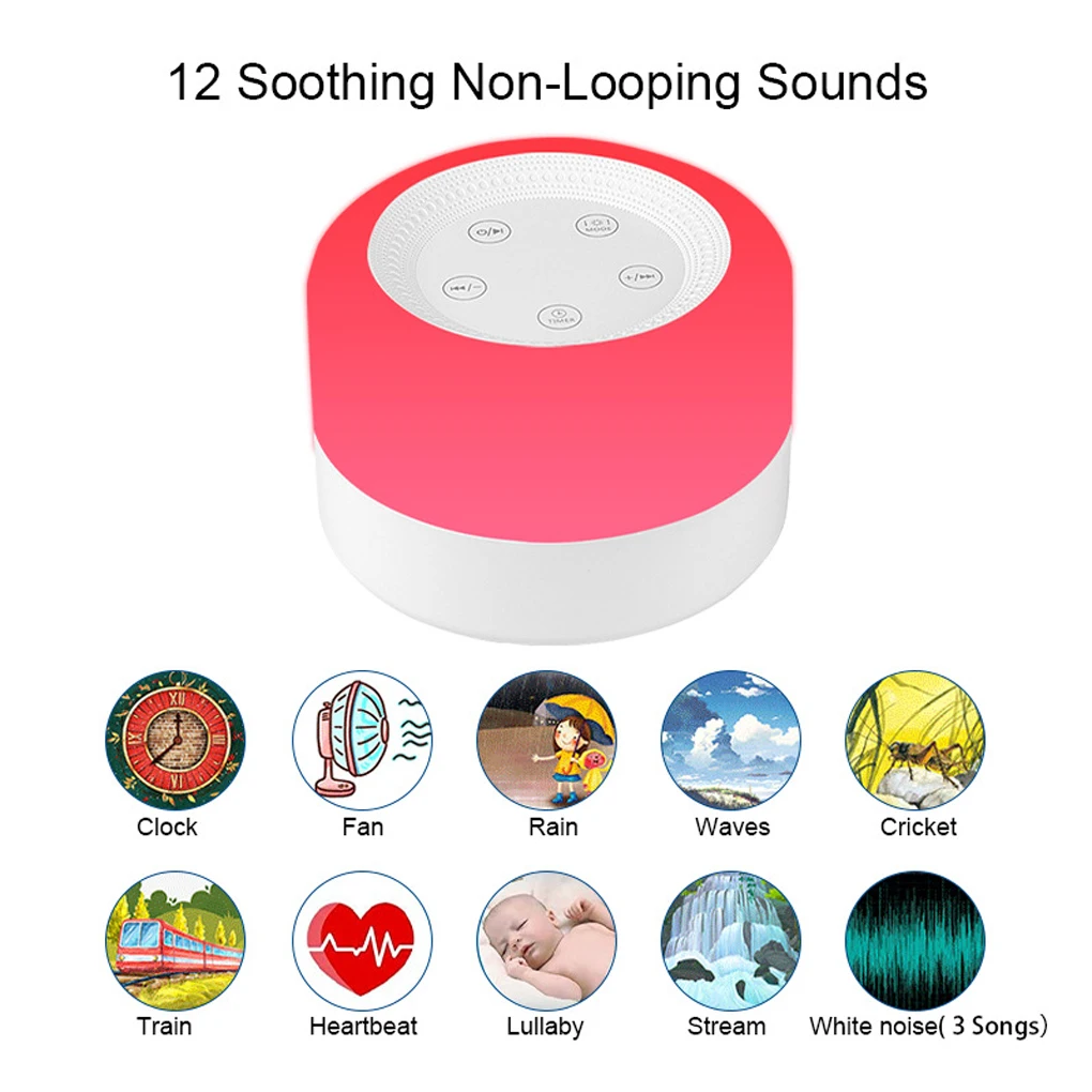 Máquina de ruido blanco para bebé, chupete, luz nocturna ajustable con 12 sonidos relajantes, temporizador de 7 colores de iluminación para bebés, estudiantes y adultos