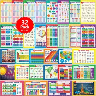 32 juegos de 59 carteles educativos para tabla de multiplicación de 17x11, mapa del mundo ABC de EE. UU., división de tabla periódica, moscas de escuela en casa de 17x1