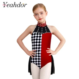 Disfraz de payaso de Halloween para niñas, leotardo de retazos, mono sin mangas con cuello Halter y espalda descubierta para fiesta temática, disfraz elegante