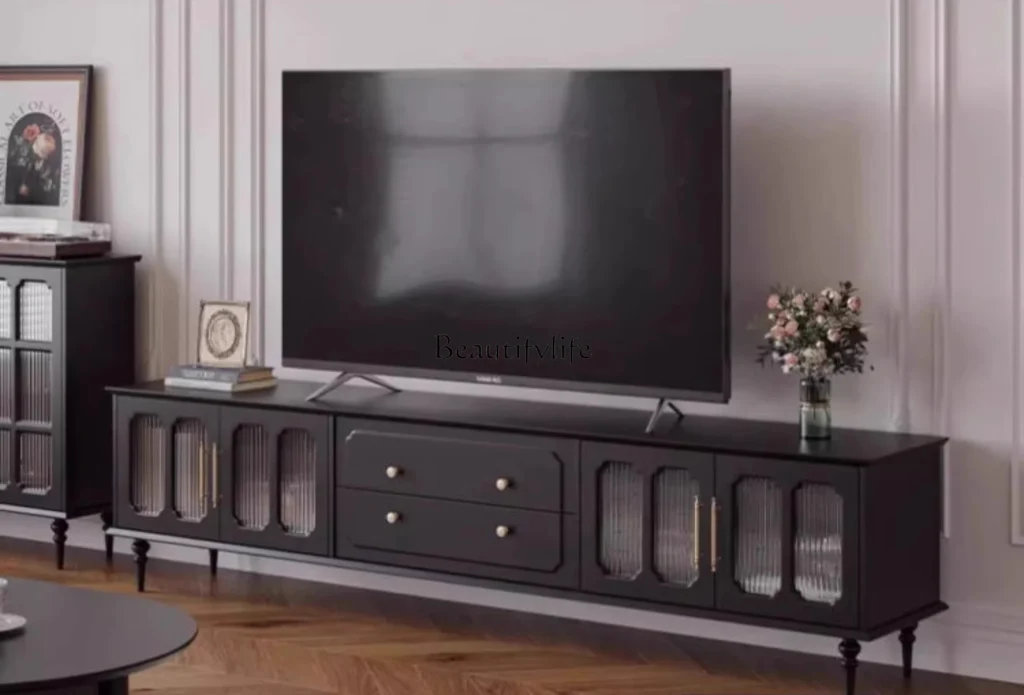 Mueble de TV Mueble de TV de almacenamiento de piso negro retro moderno simple