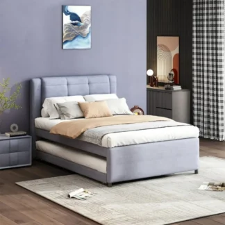 Cama con plataforma tapizada de tamaño completo con nido - Trundle convertible (plana o elevada), tela de lino gris, madera maciza de pino y M