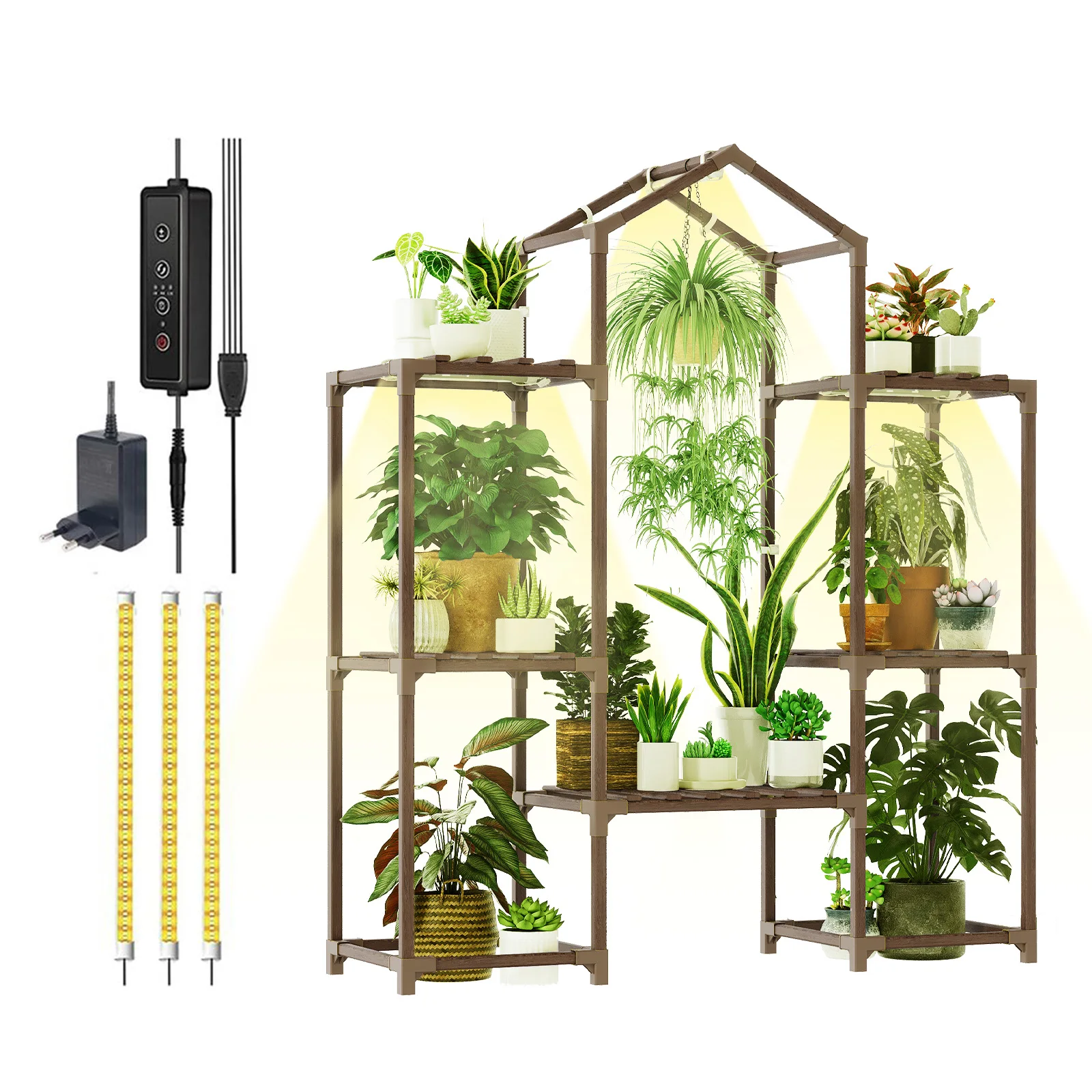 Bamworld-estante para plantas de interior con luces de cultivo, soporte de madera para plantas colgantes, macetas, expositor de flores para sala de estar
