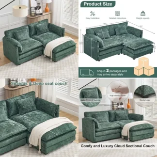 Cómodo sofá seccional inspirado en la nube con otomana, dos plazas profundas, sofá modular en forma de L para sala de estar