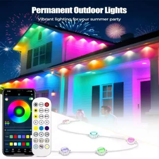 Guirnaldas LED de aleros RGBIC inteligentes, luces permanentes para exteriores, luz Bluetooth, sincronización de música impermeable DIY para fiestas, vacaciones de Navidad