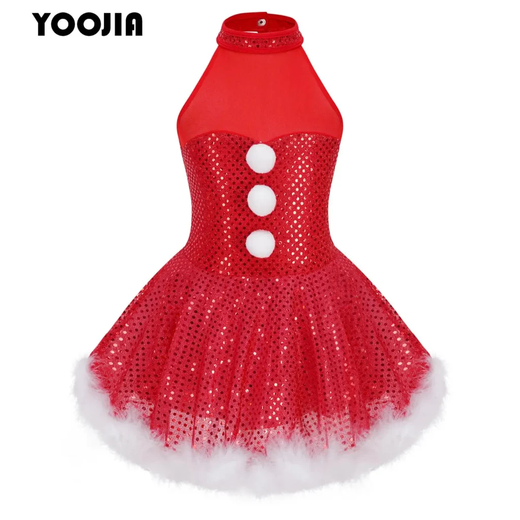 Disfraz navideño de Papá Noel y muñeco de nieve para niñas, vestido tutú con cuello Halter y lentejuelas brillantes, leotardo de baile de Ballet, patinaje sobre hielo, vestido giratorio