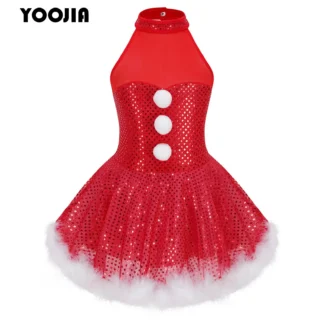 Disfraz navideño de Papá Noel y muñeco de nieve para niñas, vestido tutú con cuello Halter y lentejuelas brillantes, leotardo de baile de Ballet, patinaje sobre hielo, vestido giratorio