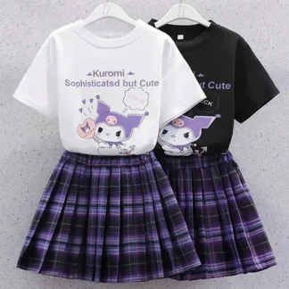 Sanrio Kuromi-Camiseta de estilo universitario para niñas, traje de falda, ropa de verano, uniforme JK, falda, camiseta de manga corta, conjunto de dos piezas