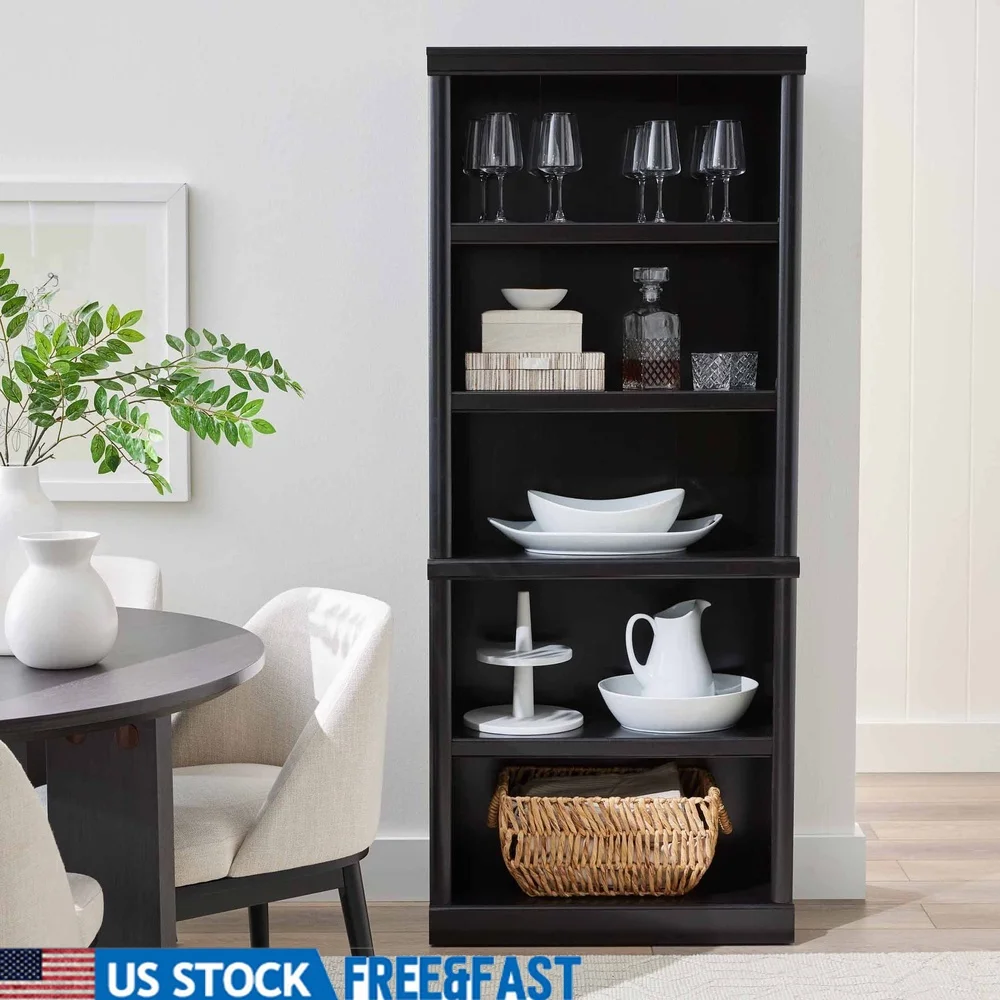 Estantería con 5 estantes con acabado negro de 71 pulgadas de alto, estantes ajustables, molduras decorativas, muebles de exhibición para almacenamiento en el hogar