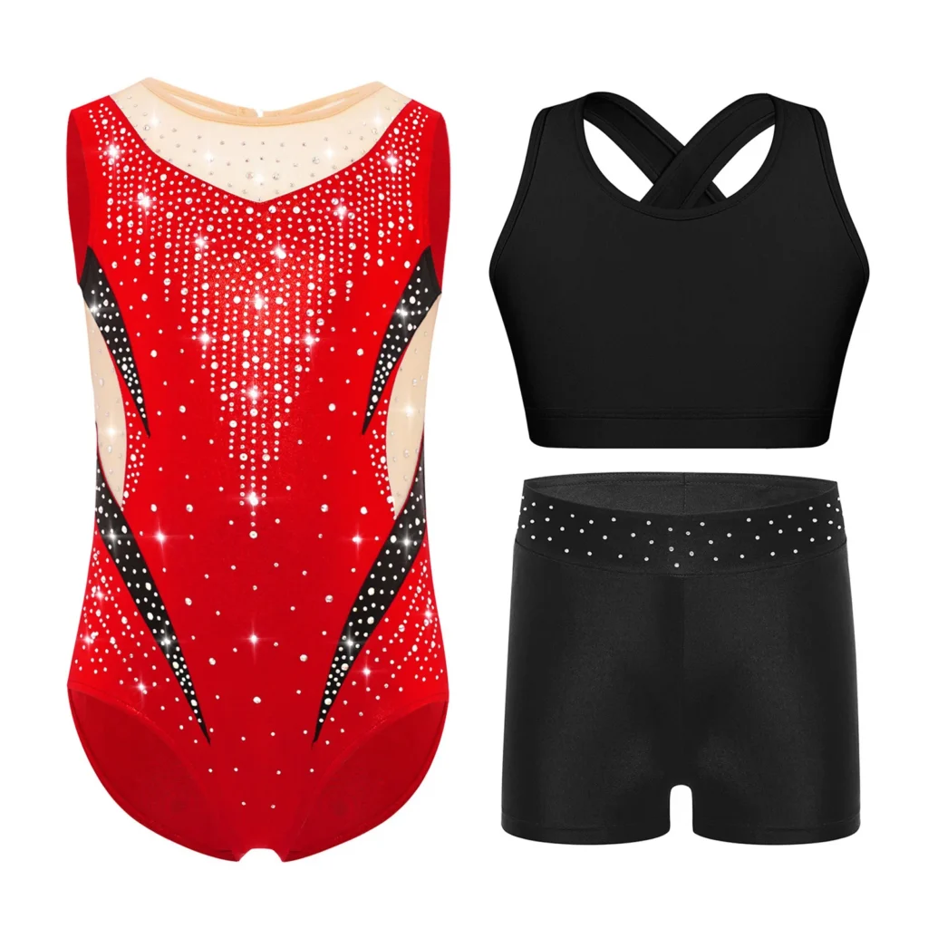 Body de gimnasia para niñas, patinaje artístico, baile, sin mangas, malla de retales, diamantes de imitación brillantes, leotardo metálico + chaleco + Top + Pantalones cortos