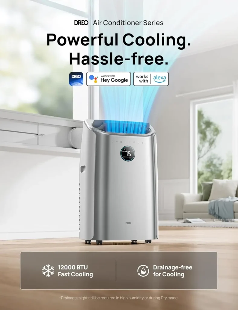 Dreo Aire acondicionado portátil, unidad de CA de 12.000 BTU para dormitorio con refrigeración sin drenaje, silencioso de 46 dB, aplicación, voz, control remoto