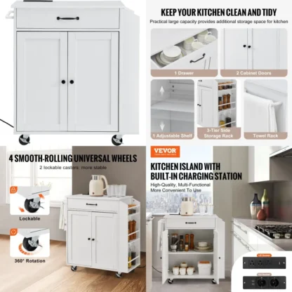 VEVOR Kitchen Island Cart Gabinete de almacenamiento con ruedas y estación de carga