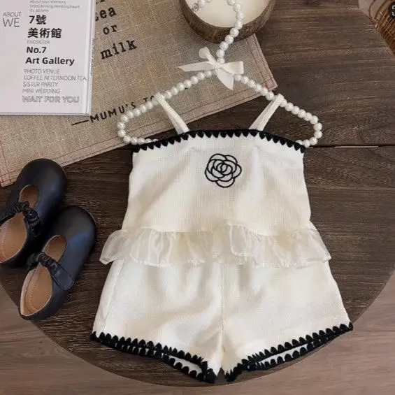 Conjuntos para niños, Top de tiras bordado Floral + Pantalones cortos, conjunto de 2 piezas, ropa de verano para niños, ropa para niñas y niños, ropa para niñas