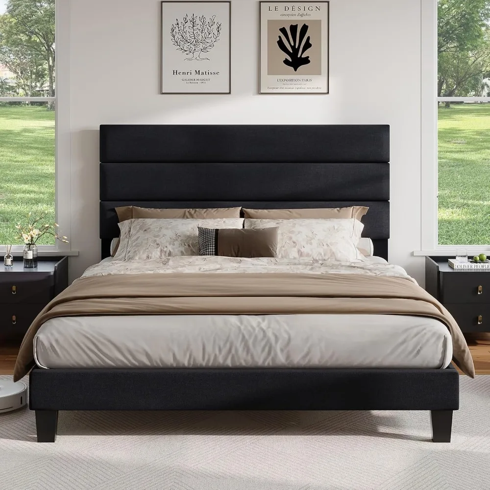 AMERLIFE Marco de cama tamaño Queen con cabecero tapizado de lino, cama de plataforma moderna con soporte de listones de madera, sin ruido, sin Bo