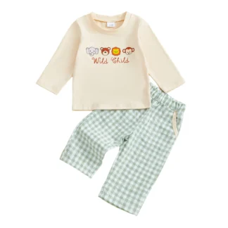 Conjunto de 2 piezas para niños con top de manga larga con bordado animal y pantalones a cuadros, cuello redondo, moda de otoño