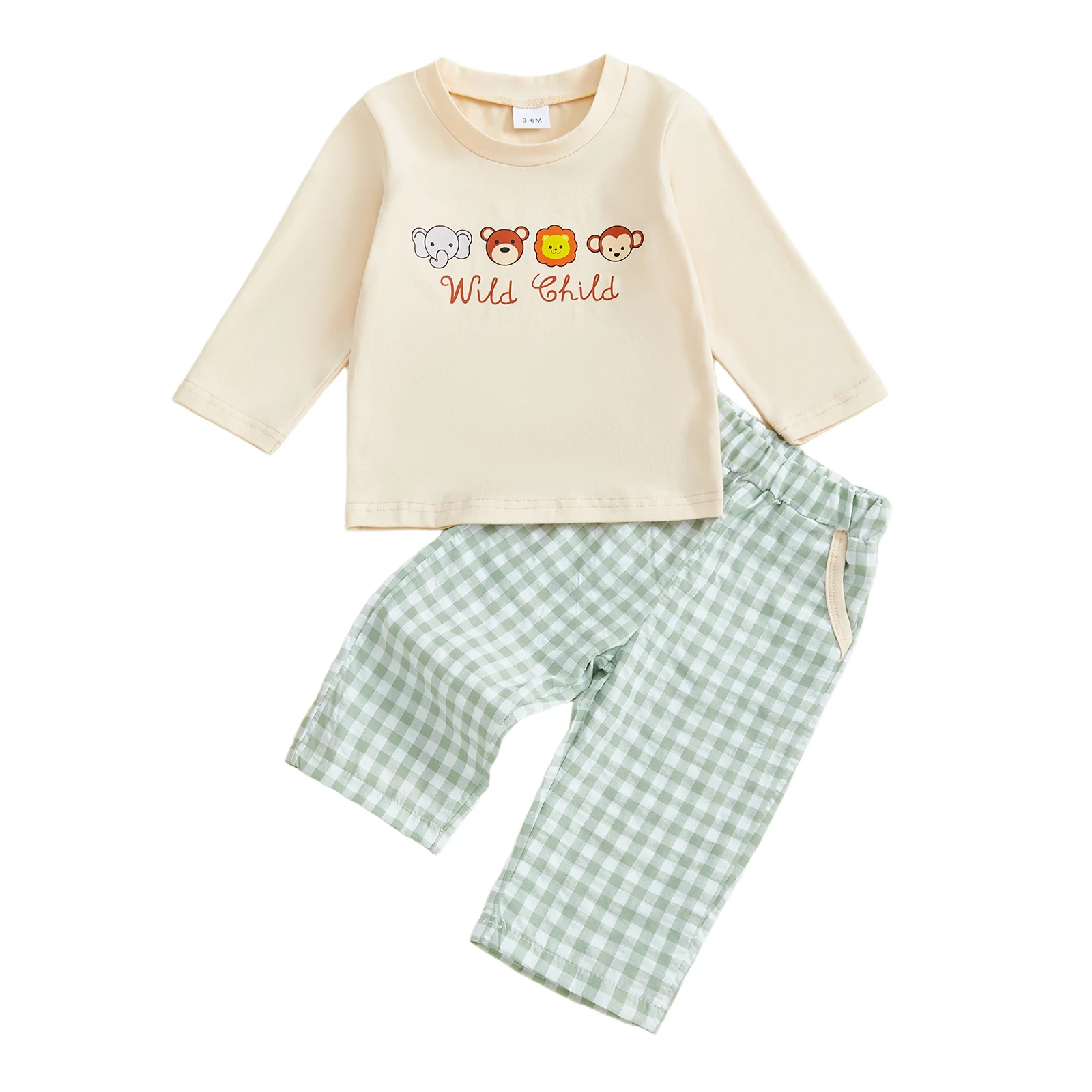 Conjunto de 2 piezas para niños con top de manga larga con bordado animal y pantalones a cuadros, cuello redondo, moda de otoño