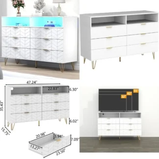 Cómoda doble de 6 cajones con toma de corriente y luz led, cómoda larga blanca con cajón de almacenamiento, tv dre de madera ancha