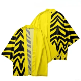Moda de verano, Kimono holgado amarillo con estampado de rayas negras y flores, ropa de calle, cárdigan, bata para mujeres y hombres, Top Haori japonés Yukata