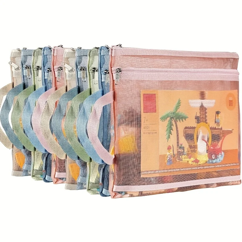 Bolsa de almacenamiento con cremallera de malla de colores, bolsa organizadora de nailon de doble capa, para almacenamiento de juguetes de bloques de construcción de rompecabezas, 5 uds.