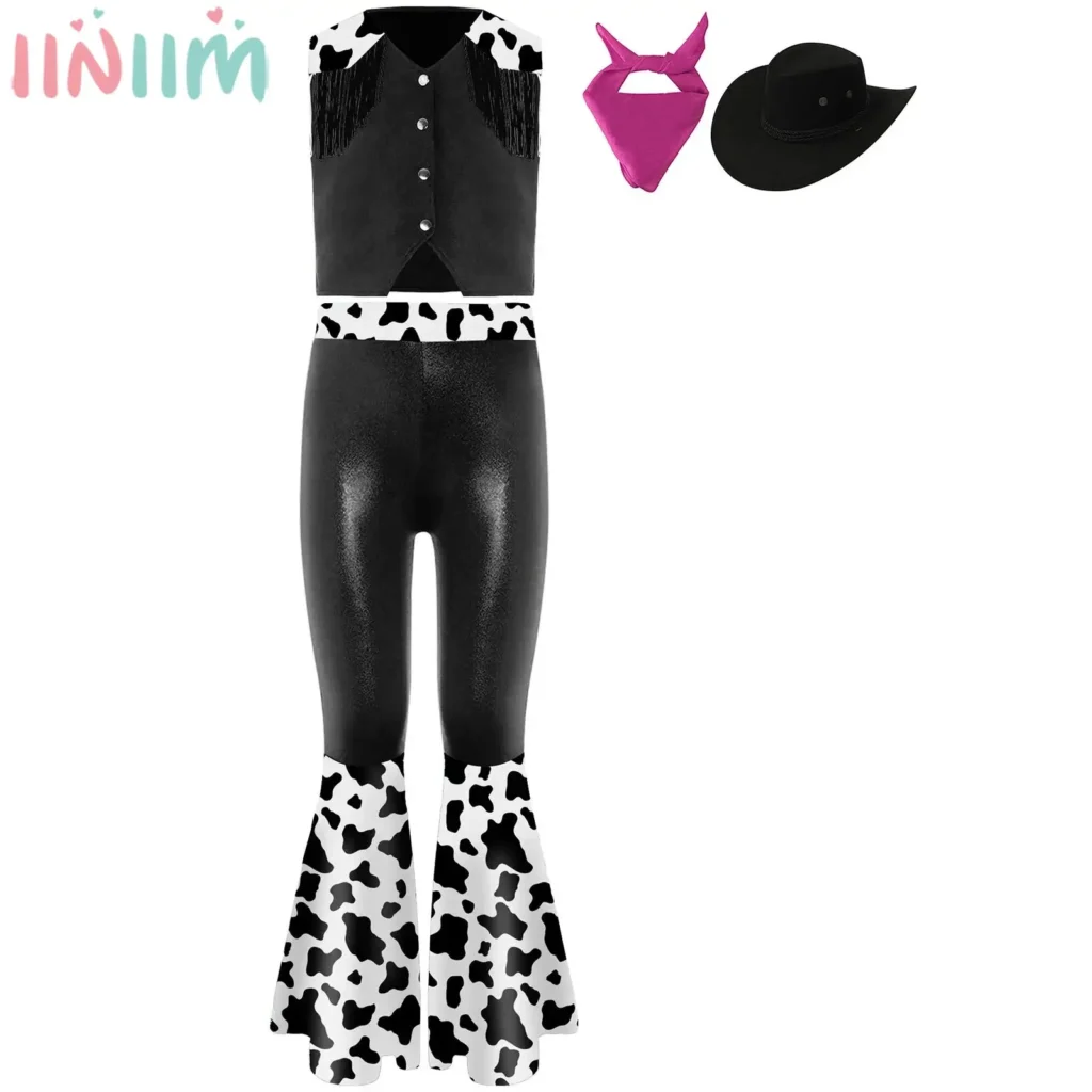 Disfraz de vaquera occidental para fiesta de Halloween para niñas de 6 a 16 años, chaleco con flecos, pantalones acampanados, ropa para el escenario de baile Disco