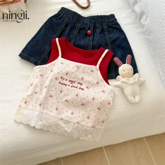 Conjunto elegante de verano para niña, camisola Floral, chaleco, ropa interior, Falda corta para niño pequeño, conjunto de tres piezas