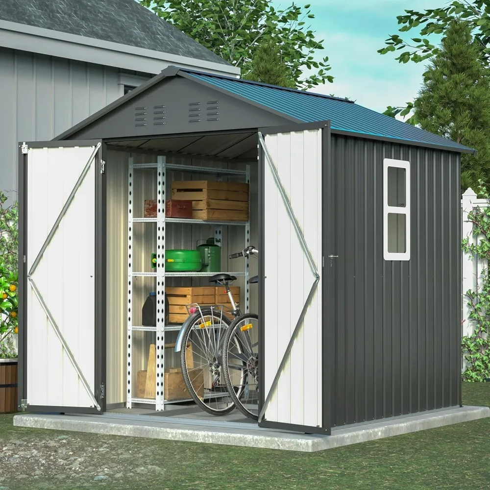 Cobertizo de almacenamiento de Metal de 6x6 pies para exteriores, casa de almacenamiento de herramientas de utilidad de acero metálico con ventana y Kit de suelo para patio de jardín trasero