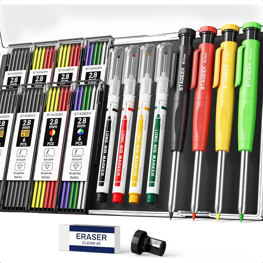 Lápices de carpintero con sacapuntas, lápices de carpintería de alta resistencia, lápiz mecánico de carpintero con 52 recambios, agujero profundo largo, 4 Uds.