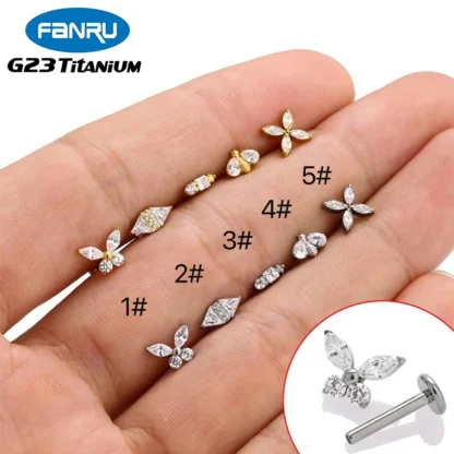 1 pieza G23 Piercing de titanio Labret labio tachuelas circón abeja mariposa oreja Stud hilo interno hélice cartílago Tragus joyería del cuerpo 16G
