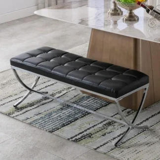 Banco de comedor moderno de cuero PU, banco otomano capitoné con botones y acabado cromado en forma de X, extremo tapizado, cómodo