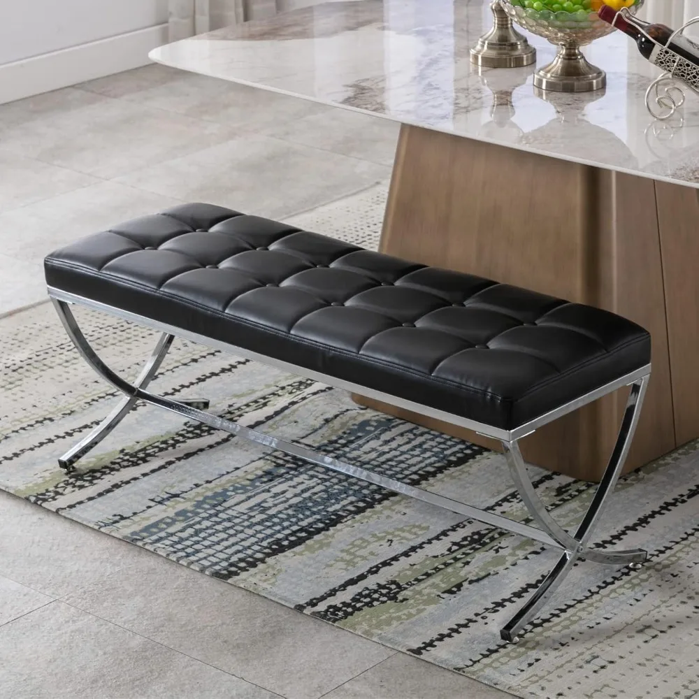 Banco de comedor moderno de cuero PU, banco otomano capitoné con botones y acabado cromado en forma de X, extremo tapizado, cómodo
