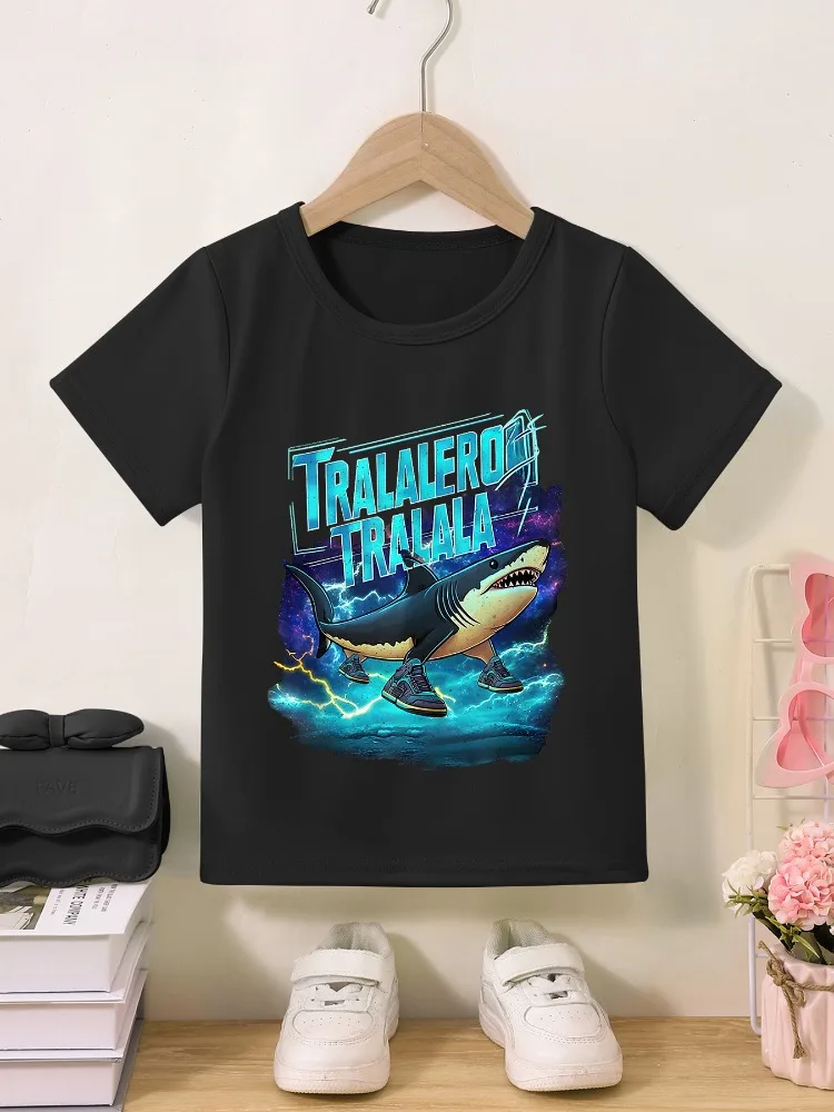 Brainrot italiano patrón Popular estampado verano niños y niñas niños de manga corta de algodón puro cuello redondo Top suelto