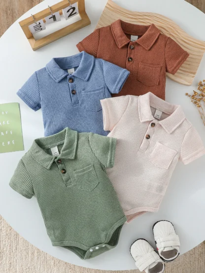 4 Uds./bebés para las cuatro estaciones, monos de manga corta con patrón de gofres a la moda para 0-1Y, ropa informal para uso diario, pelele, mono