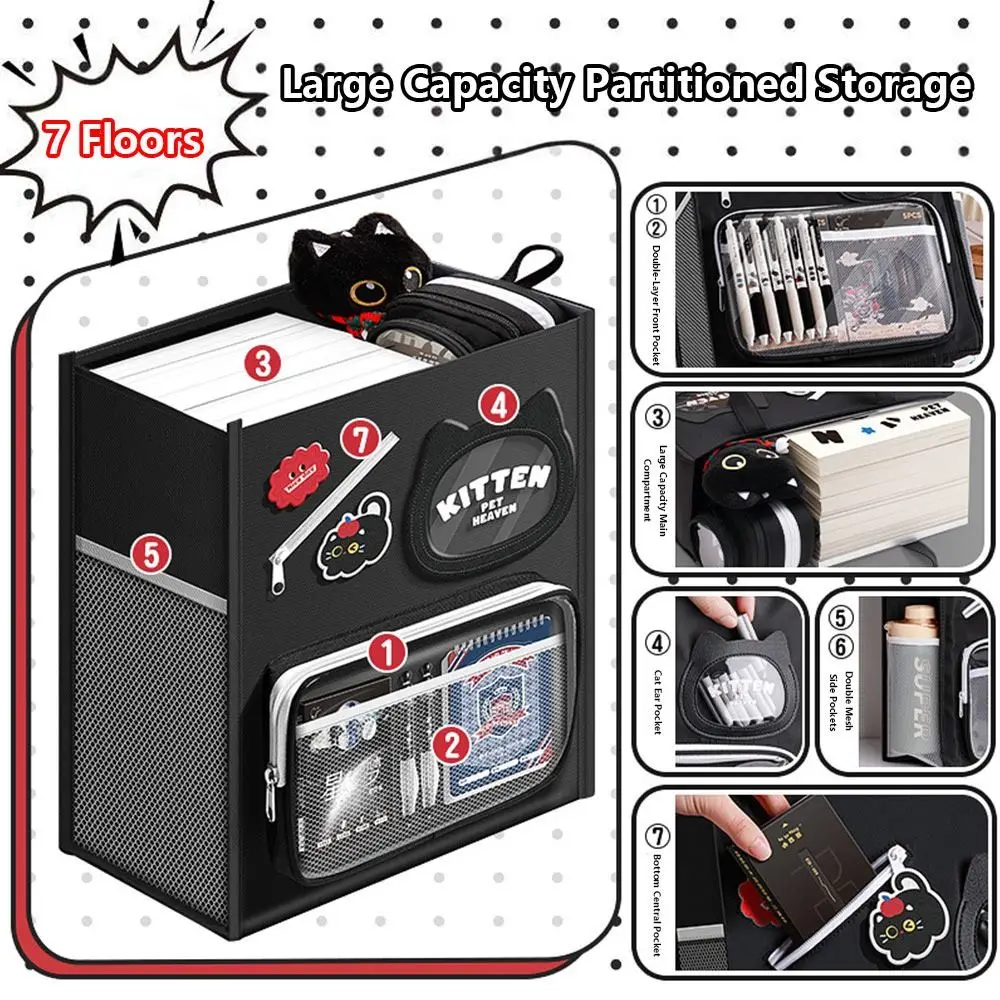 Bolso de lona de siete capas de dibujos animados, bolsa de libros multifuncional portátil, bolsa de tutoría de gran capacidad para estudiantes