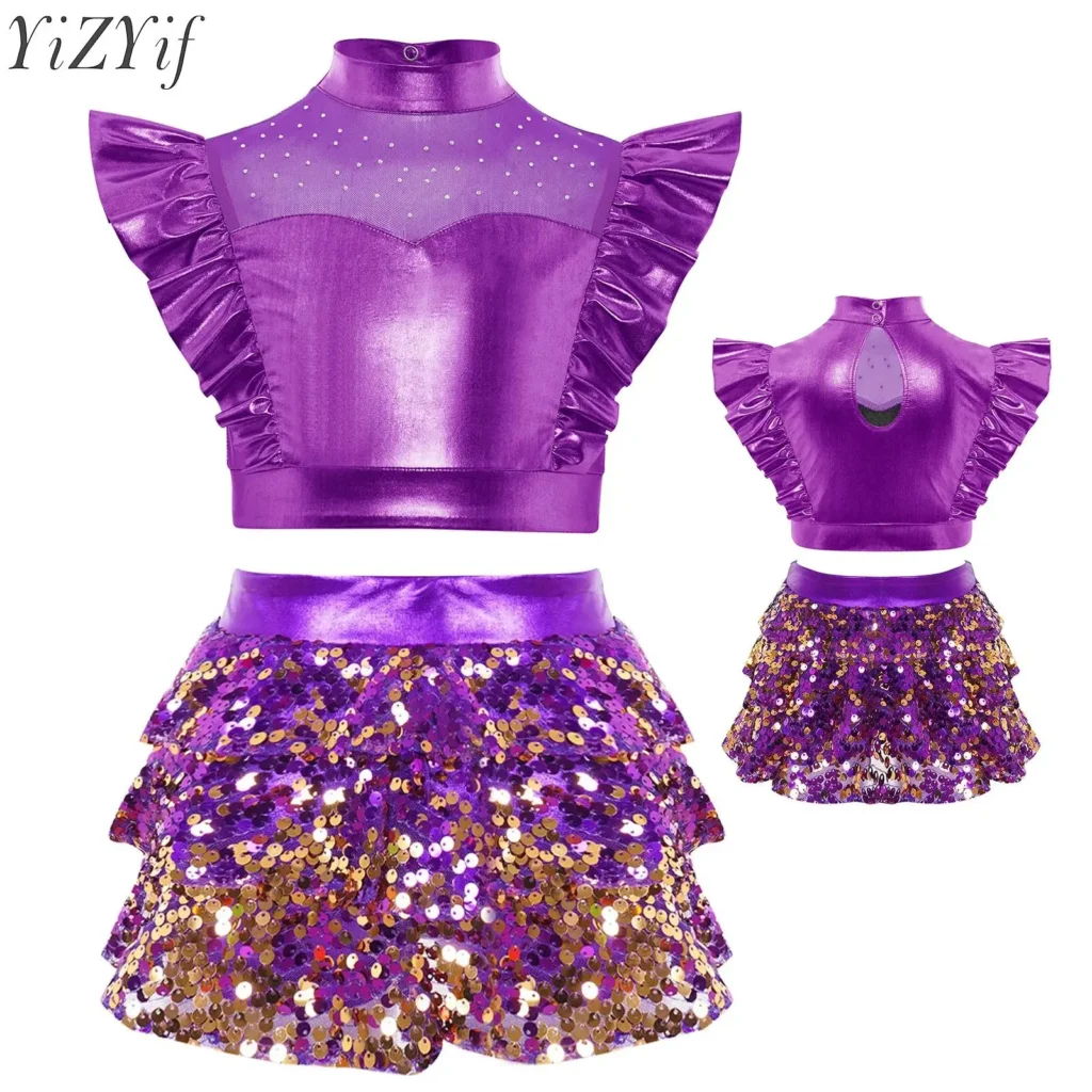 Conjuntos de baile de Jazz latino para niñas, disfraz de bailarina, Top corto con volantes de diamantes de imitación y falda pantalón con volantes escalonados y lentejuelas