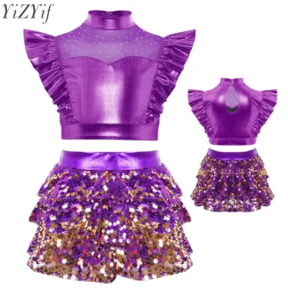 Conjuntos de baile de Jazz latino para niñas, disfraz de bailarina, Top corto con volantes de diamantes de imitación y falda pantalón con volantes escalonados y lentejuelas