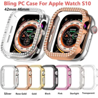 Funda de PC ostentosa para Apple watch10, doble fila, diamante, cristal, serie iWatch 10, cubierta protectora de correa de reloj