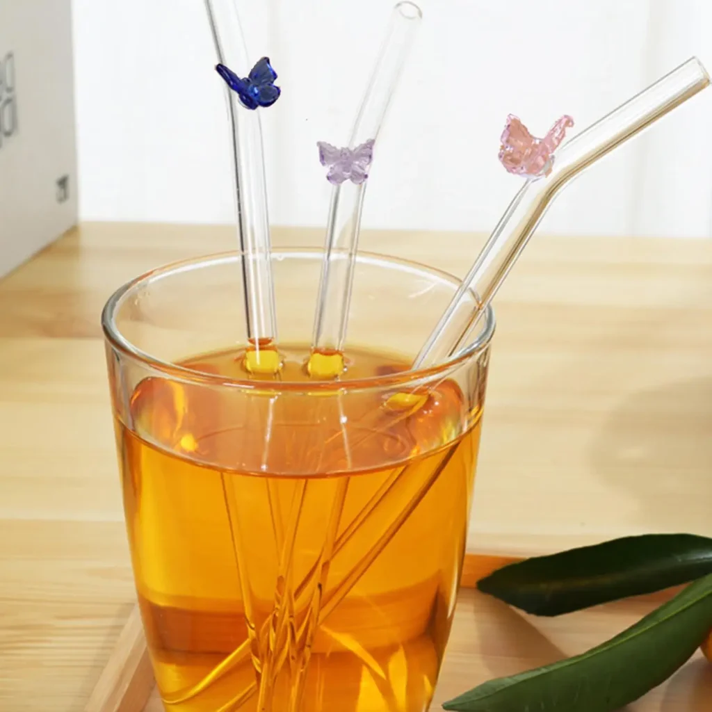 Pajita de cristal de mariposa, pajitas resistentes al calor, pajitas de vidrio transparentes reutilizables, utensilios para beber con pajita para Bar