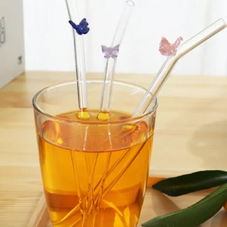 Pajita de cristal de mariposa, pajitas resistentes al calor, pajitas de vidrio transparentes reutilizables, utensilios para beber con pajita para Bar