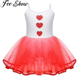 Tutú de baile de Ballet para niñas, disfraz de Cupido de Halloween, tirantes finos, estampado de corazón, vestido de leotardo de malla, patinaje, gimnasia, Ropa de baile